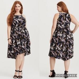 Torrid Midi Challis High Neck Feather Print Hi-Lo Dress Black Plus Size 0X Boho